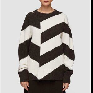 Joseph White Brown Chevron Knit Sweater | Neutral Geometric Crew Neck Pullover